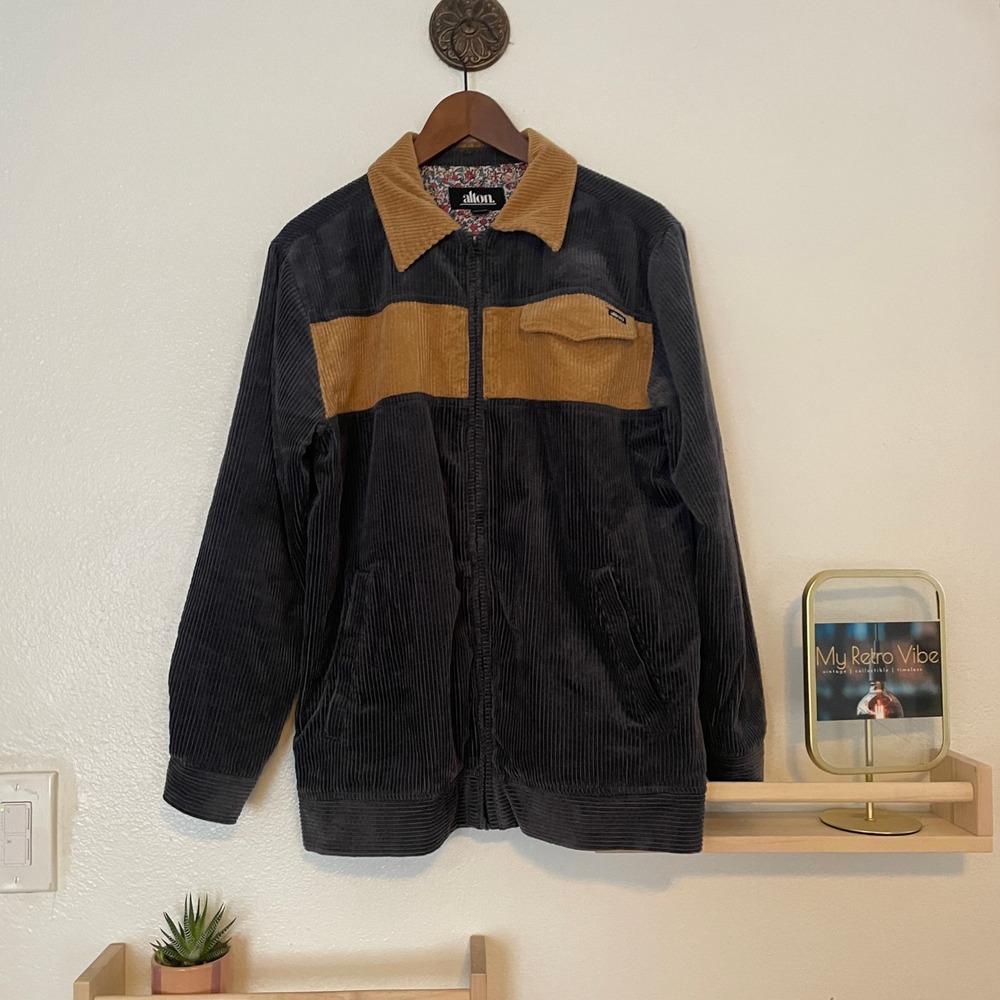 Alton Mens Corduroy Colorblock Full‎ Zip Jacket Charcoal Tan Floral Lined Small